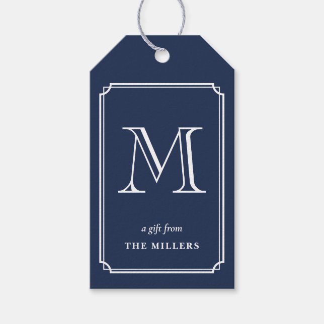 Étiquettes Cadeaux Navy Blue & blanc Monogramme Pr (Devant)