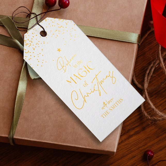 Étiquettes Cadeaux Noël Elégante calligraphie Parties scintillant bla (Elegant white and gold foil christmas gift tag)