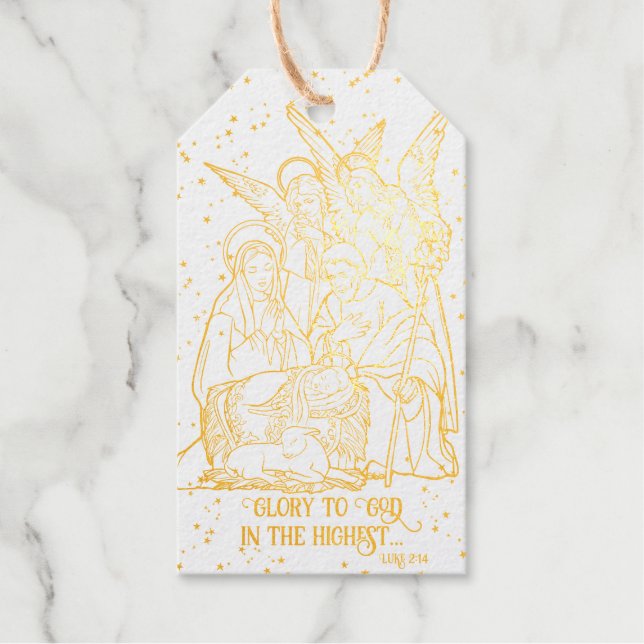 Étiquettes Cadeaux Noël Scène de la Nativité Bible Verse gloire à Die (Recto)