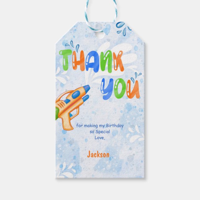 Étiquettes Cadeaux Pistolet à Eau Orange et Bleu (Devant)