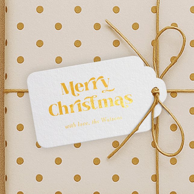 Étiquettes Cadeaux Retro Vintage élégant Joyeux Noël (Trendy retro font gold foil gift tag design that reads Merry Christmas with your name underneath)
