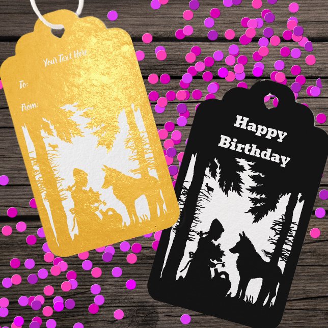 Étiquettes Cadeaux Riding Hood Wolf Trees (Gold foil Little Red Riding Hood in forest with wolf on Birthday hanging gift tags.)