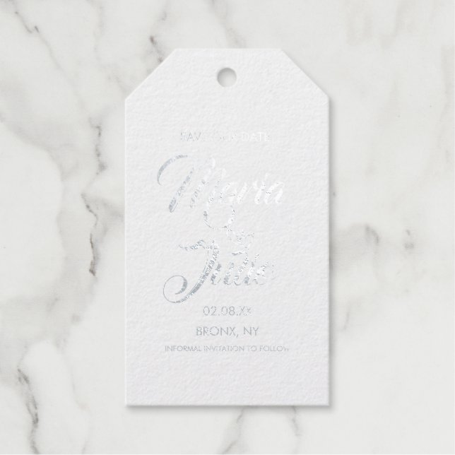 Étiquettes Cadeaux Script moderne Enregistrer notre date Double Coeur (Recto)