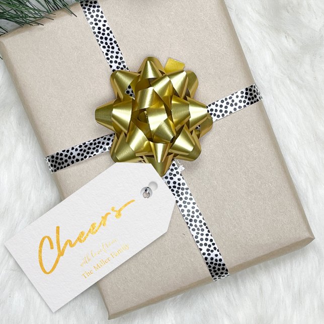 Étiquettes Cadeaux Simples Consignes Modernes Vin Bouteille (Cheers Simple Modern Script Wine Bottle Foil Gift Tags)