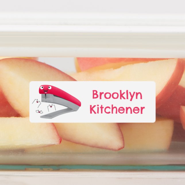 Étiquettes Caricature d'agrafeur joyeux rouge mignon personna (Apposé)