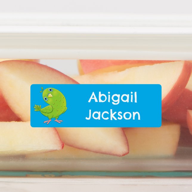 Étiquettes Caricature de perakeet curieux vert mignon personn (Apposé)