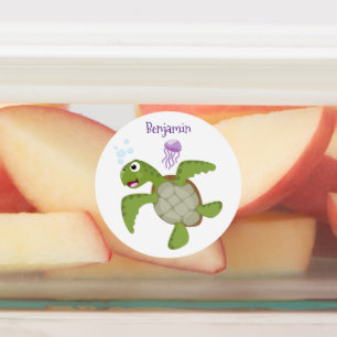 Étiquettes Caricature joyeuse de tortue de mer verte mignonne