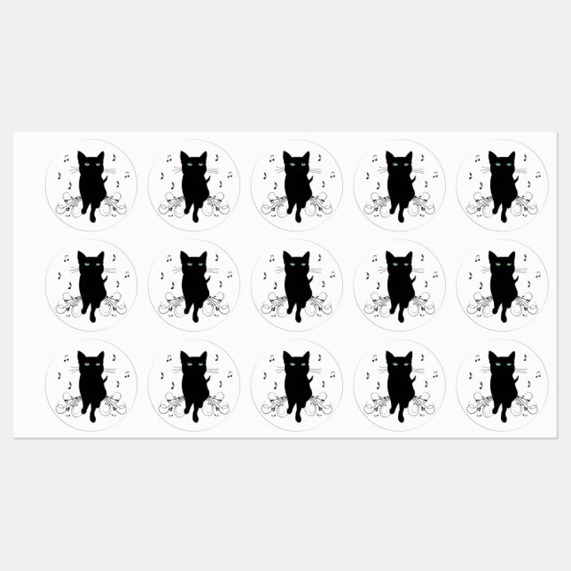 Étiquettes Chat noir entouré de notes de musique murmurantes (Feuille)