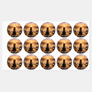 Étiquettes Chat sur le quai au coucher du soleil