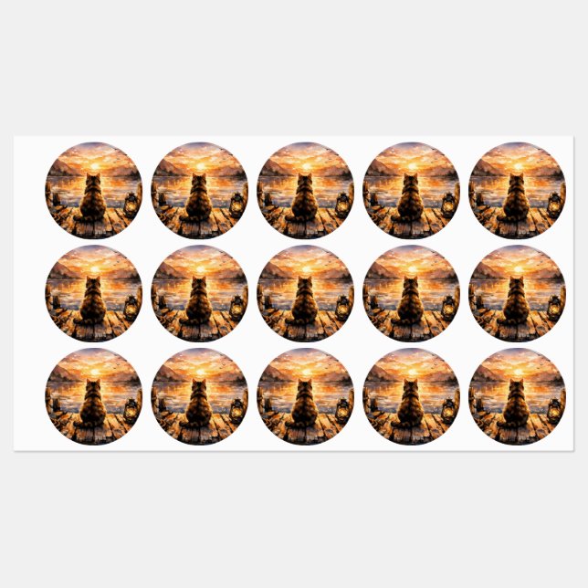 Étiquettes Chat sur le quai au coucher du soleil (Feuille)
