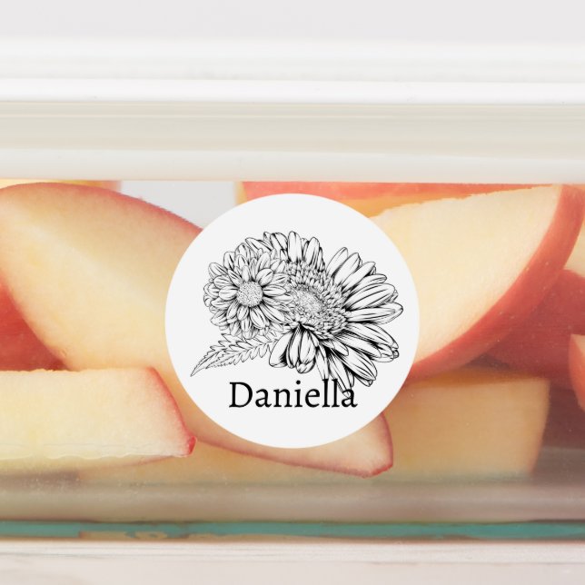 Étiquettes Chrysanthemum Black Line Drawing with Your Name  (Apposé)