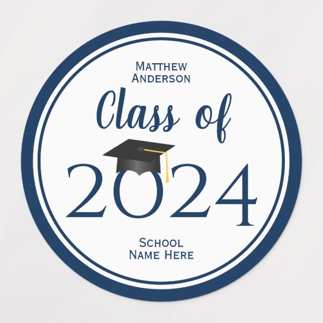 Étiquettes Classe de 2024 Simple Elegant Navy Blue Graduation (Design 1)