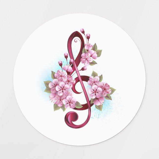 Étiquettes Clé de sol musicale avec fleurs de Sakura (Design 1)