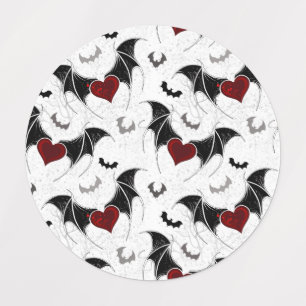 Étiquettes Coeur d'Halloween avec ailes de chauve-souris noir