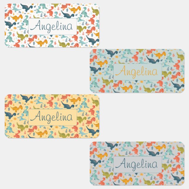 Étiquettes Colorful dinosaur cartoon cute pattern white name  (Groupe)