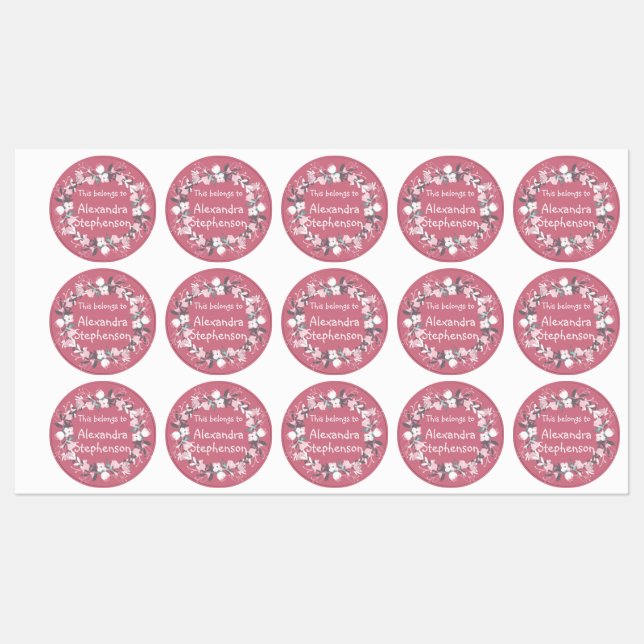 Étiquettes Couronne rose Floral Baby Girl Nom étanche (Feuille)