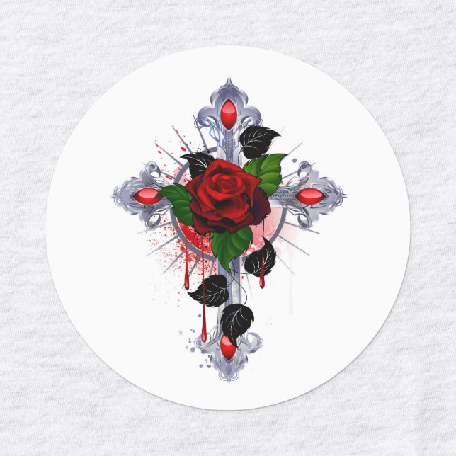 Étiquettes Croix d'argent avec une rose rouge (Design 1)