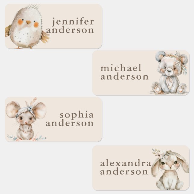 Étiquettes Cute Boho Animals Girl Kids Waterproof Name (Groupe)
