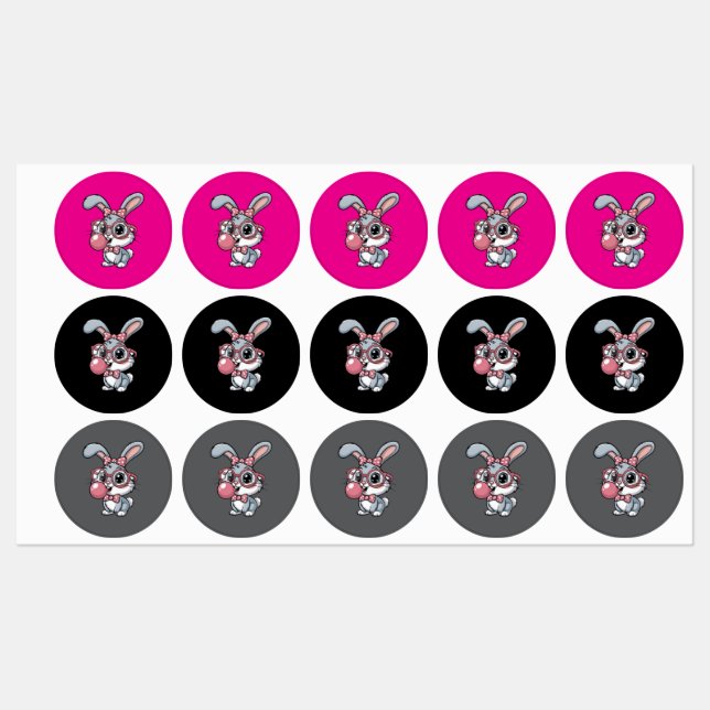 Étiquettes Cute Bunny with Glasses Blowing Bubble Gum (Feuille)
