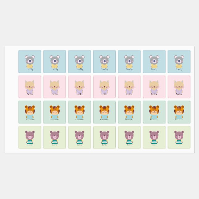 Étiquettes Cute Koala Ours, Chat, Ours, Tigre (Feuille)