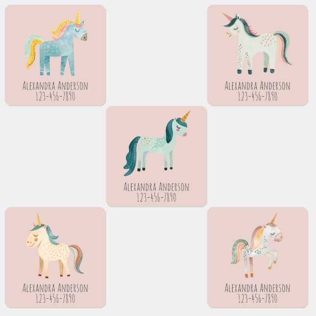 Étiquettes Cute Watercolor Unicorn Pink Girl Name (Groupe)