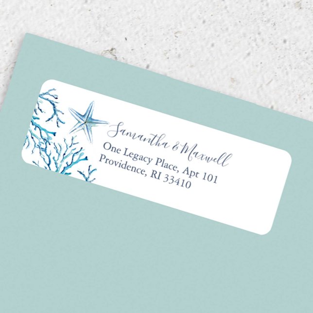 Étiquettes d'Adresse Aquarelle Sous-Marine Côtière (Return address sticker features watercolor starfish and sea coral art by Victoria Grigaliunas)