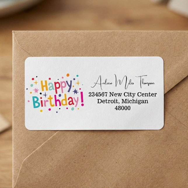 Étiquettes d'adresse avec confettis pour anniversa (Celebration starts on the envelope.)