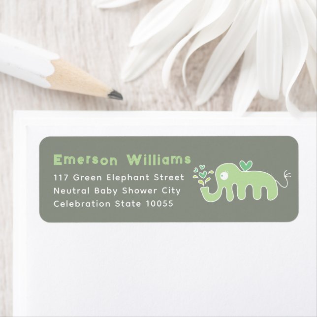 Étiquettes d'adresse Baby Shower Éléphant Vert Mig (En situation)