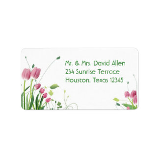 Étiquettes d'adresse blanches aux tulipes roses