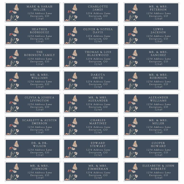 Étiquettes d'adresse bleu marine pour invités (Guest Navy Blue Boho Address Labels with Butterfly by Painted Paperie
)