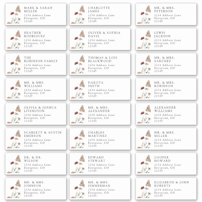 Étiquettes d'adresse de invité modernes (Modern White Floral Guest Address Labels with Butterfly by Painted Paperie
)