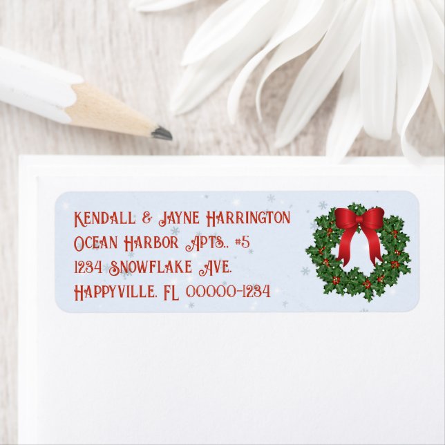 Étiquettes d'adresse de retour de couronne de Noël (En situation)