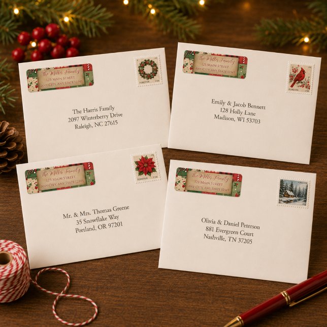 Étiquettes d'adresse de retour de Noël en patchwor (Créateur téléchargé)