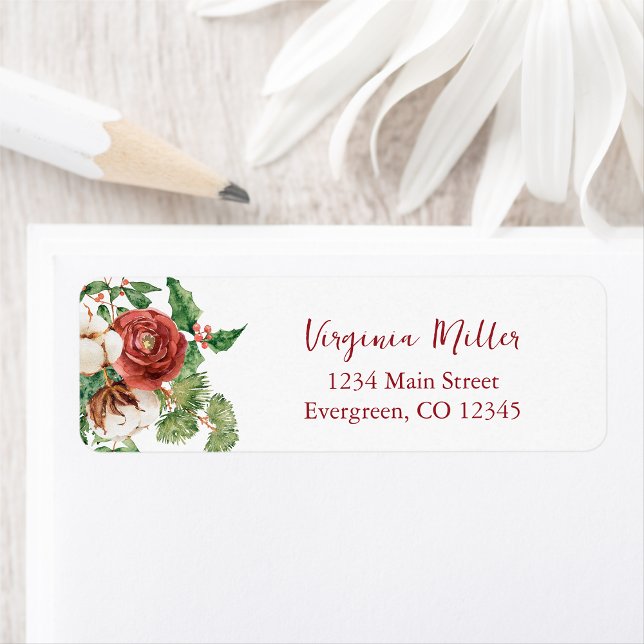 Étiquettes d'adresse de retour de vacances botaniq (Red Green Cream Botanical Personalized Holiday Return Address Labels by Painted Paperie
)