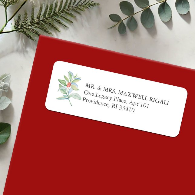 Étiquettes d'adresse de retour élégantes Noël (Christmas return address labels watercolor red and green foliage and berries by Victoria Grigaliunas)