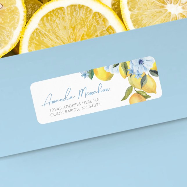 Étiquettes d'adresse de retour Fleur et Citron à l ( Lemon Return Address Labels for Baby Shower or Bridal Shower. Featuring watercolor lemons & flowers)
