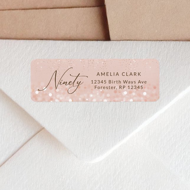 Étiquettes d'adresse de retour pour 90e anniversai (Rose Gold Glitter 90th Birthday Return Address Label)