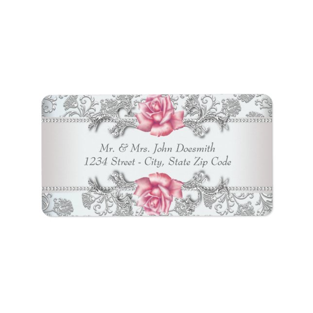 Étiquettes d'adresse élégantes Damassé et Rose ros (Devant)