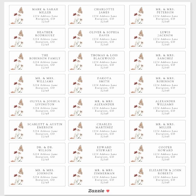 Étiquettes d'adresse modernes pour invités (Boho White Wildflower Guest Modern Address Labels with Butterfly by Painted Paperie
)