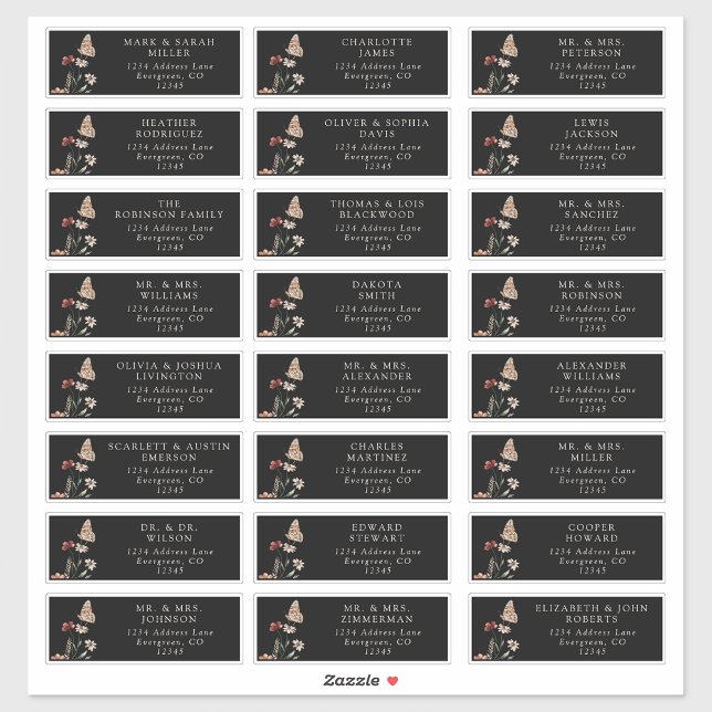 Étiquettes d'adresse noire pour invités (Guest Boho Black Floral Address Labels by Painted Paperie
)