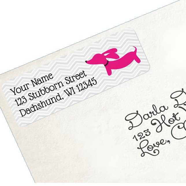 Étiquettes d'adresse rétro de Dachshund rose et gr (Pink wiener dog return address label)