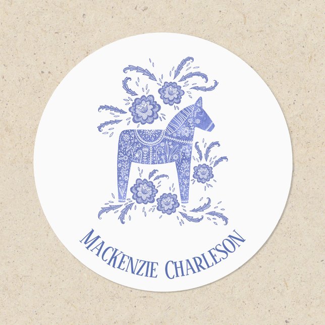 Étiquettes Dala suédois Cheval bleu et blanc Nom personnalisé (Blue and white personalized Swedish Dala Horse label)