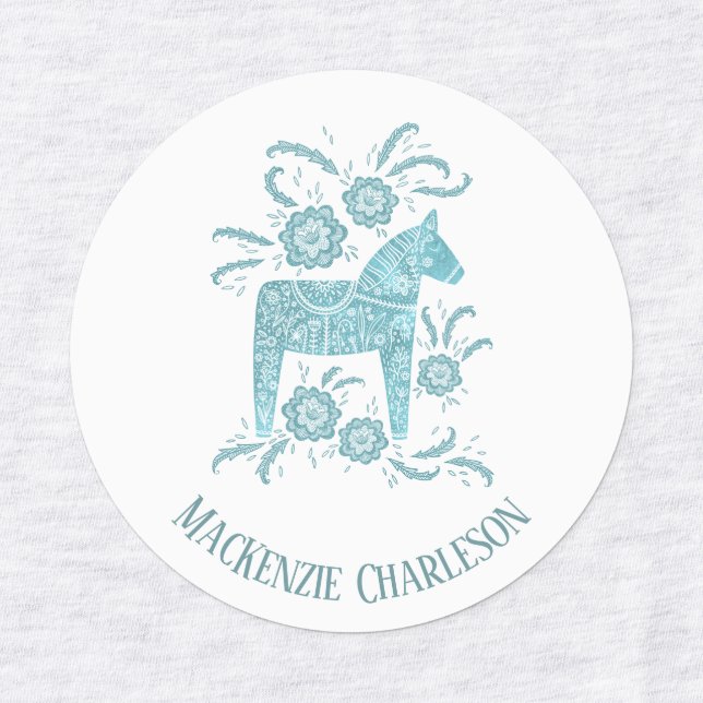 Étiquettes Dala suédois Cheval vert et blanc Nom personnalisé (Design 1)