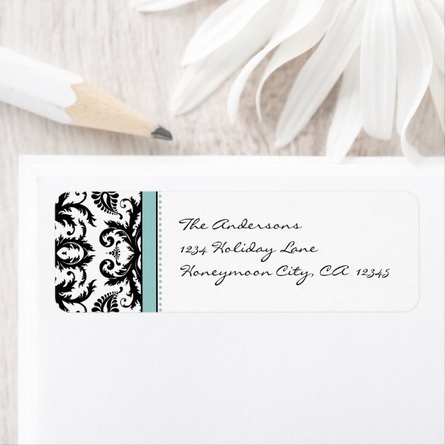 Étiquettes de adresse Aqua Blue & Black Damask Dot (En situation)