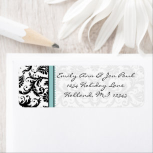 Étiquettes de adresse Aqua Blue & Black Damask Dot