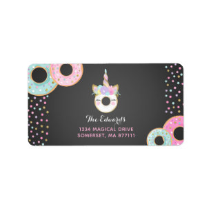 Étiquettes de adresse beignet et licorne de parti