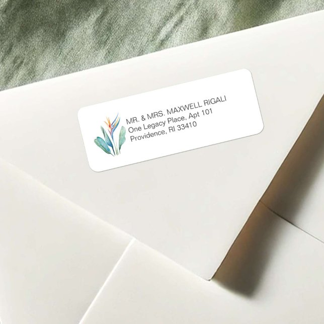 Étiquettes de adresse de fleurs d'aquarelle tropic (tropical watercolor flower return address labels bird of paradise art by Victoria Grigaliunas)