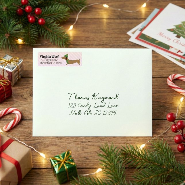 Étiquettes de adresse de la carte de Noël rose Dac (Dachshund Winter Christmas return address labels)