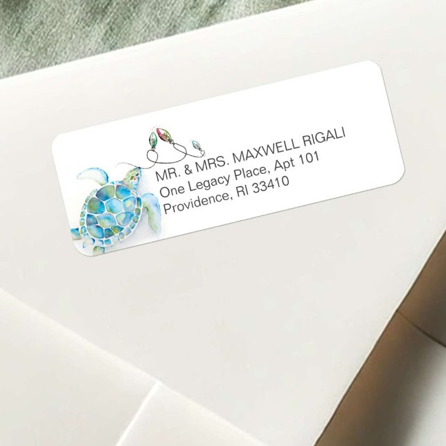 Étiquettes de adresse de la tortue marine de Noël  (Beach Christmas return address labels watercolor sea turtle art by Victoria Grigaliunas DoTellABelle)