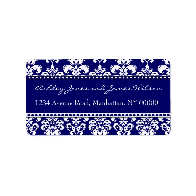 Étiquettes de adresse de Navy et White Damask (Devant)